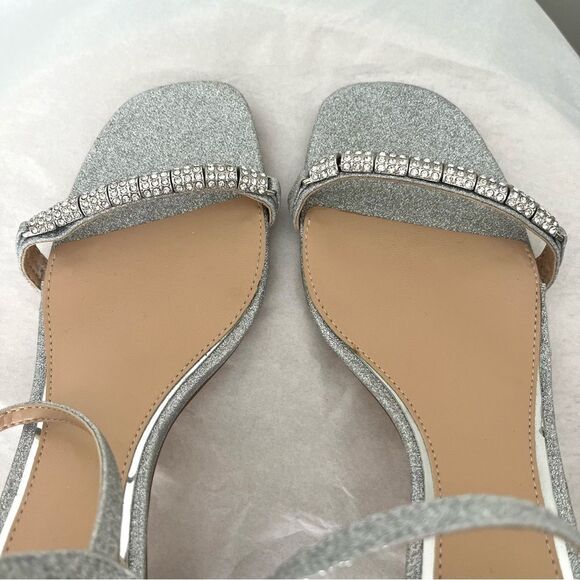 Jewel Badgley Mischka Silver Glitter Open Row Ankle Strap Sandal Heels 8.5 NWOB - Picture 4 of 10